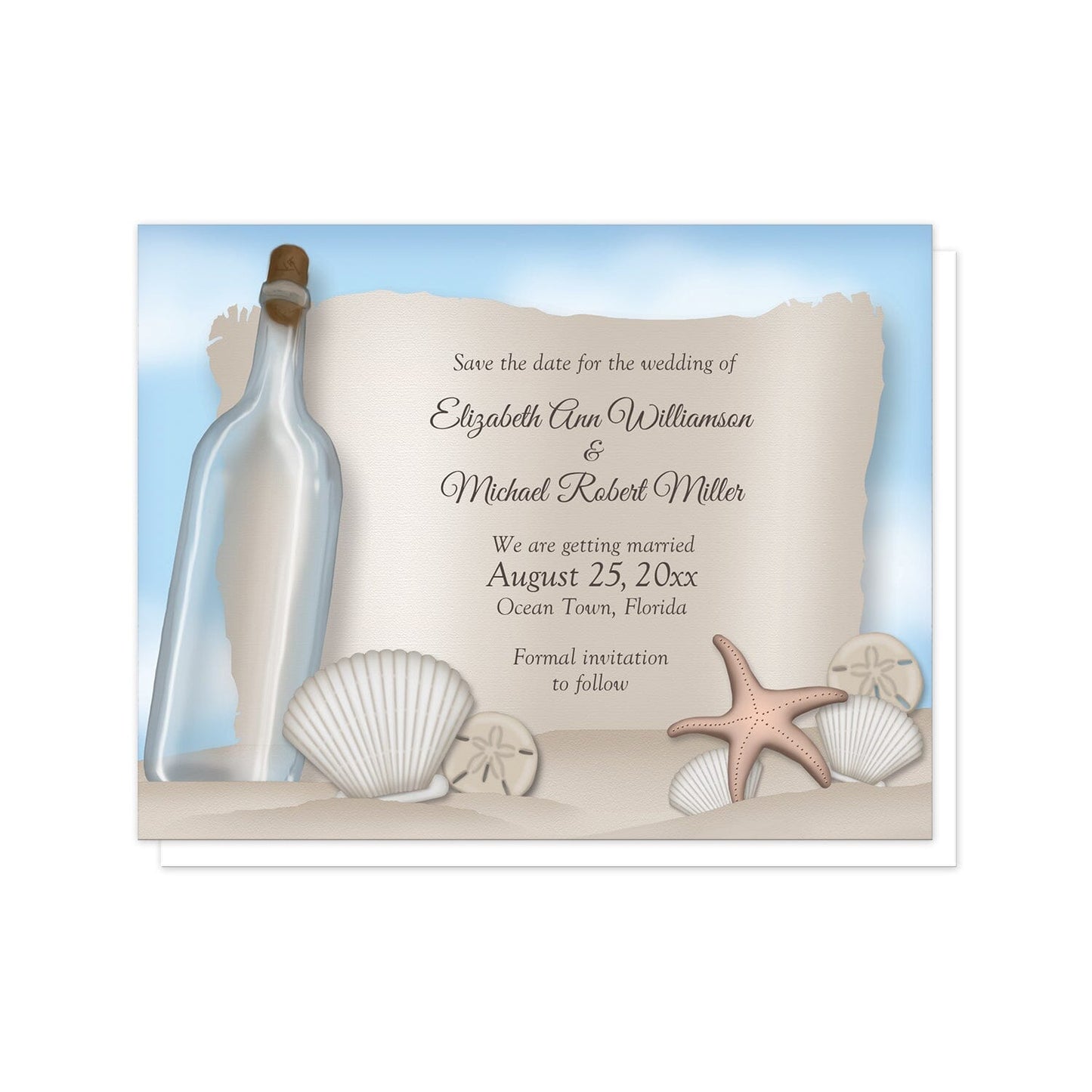 Message from a Bottle Beach Save the Date Cards at Artistically Invited. Message from a bottle beach save the date cards with an "on the beach" and "message from a bottle" theme. They're designed with an illustrated empty glass bottle, a paper message area, beige sand, a blue sky, and assorted seashells. Your personalized wedding date announcement details are arranged in brown over the paper illustration.