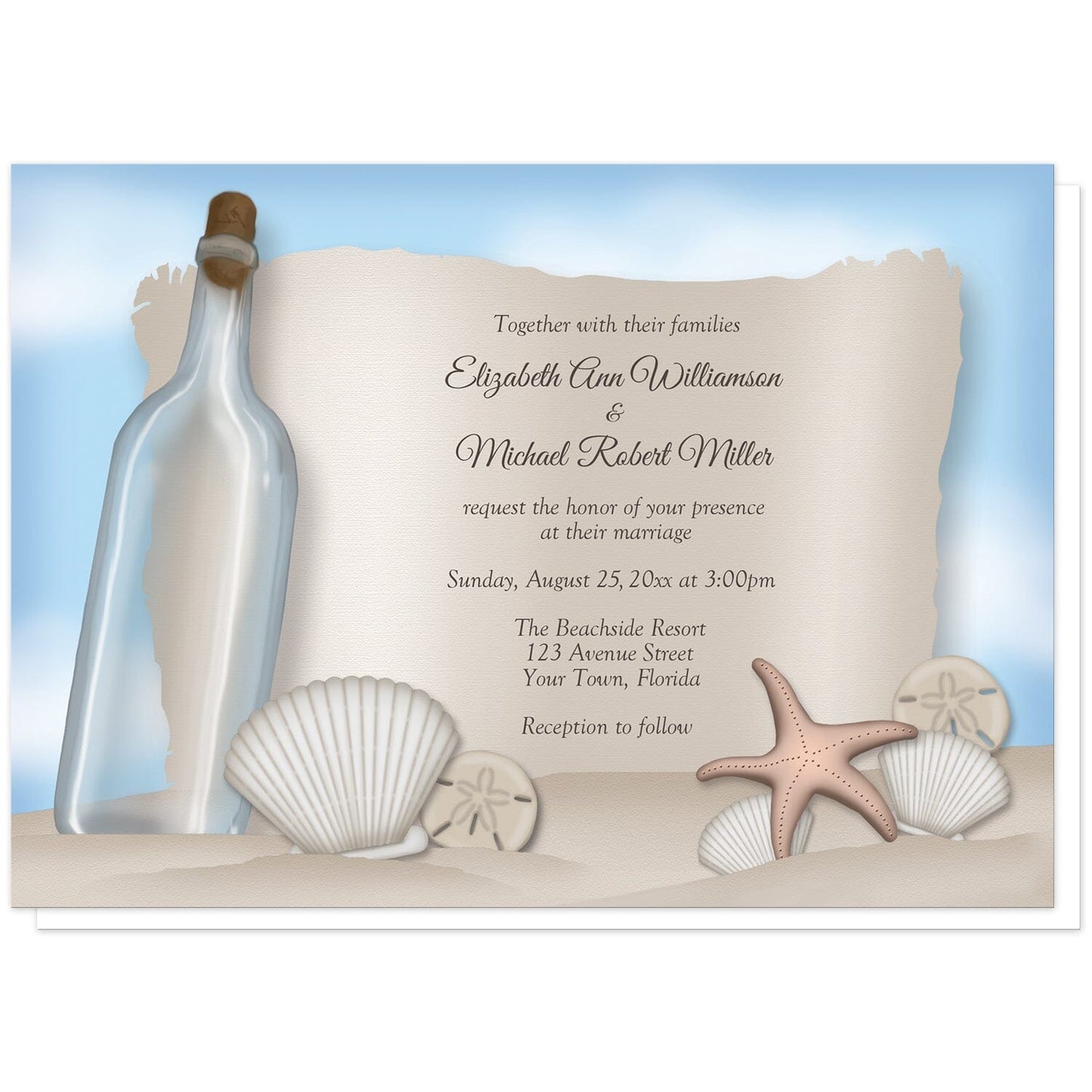 Message from a Bottle Beach Wedding Invitations at Artistically Invited. Message from a bottle beach wedding invitations with an "on the beach" and "message from a bottle" theme. They're designed with an illustrated empty glass bottle, a paper message area, beige sand, a blue sky, and assorted seashells. Your personalized marriage celebration details are arranged in brown over the paper illustration.