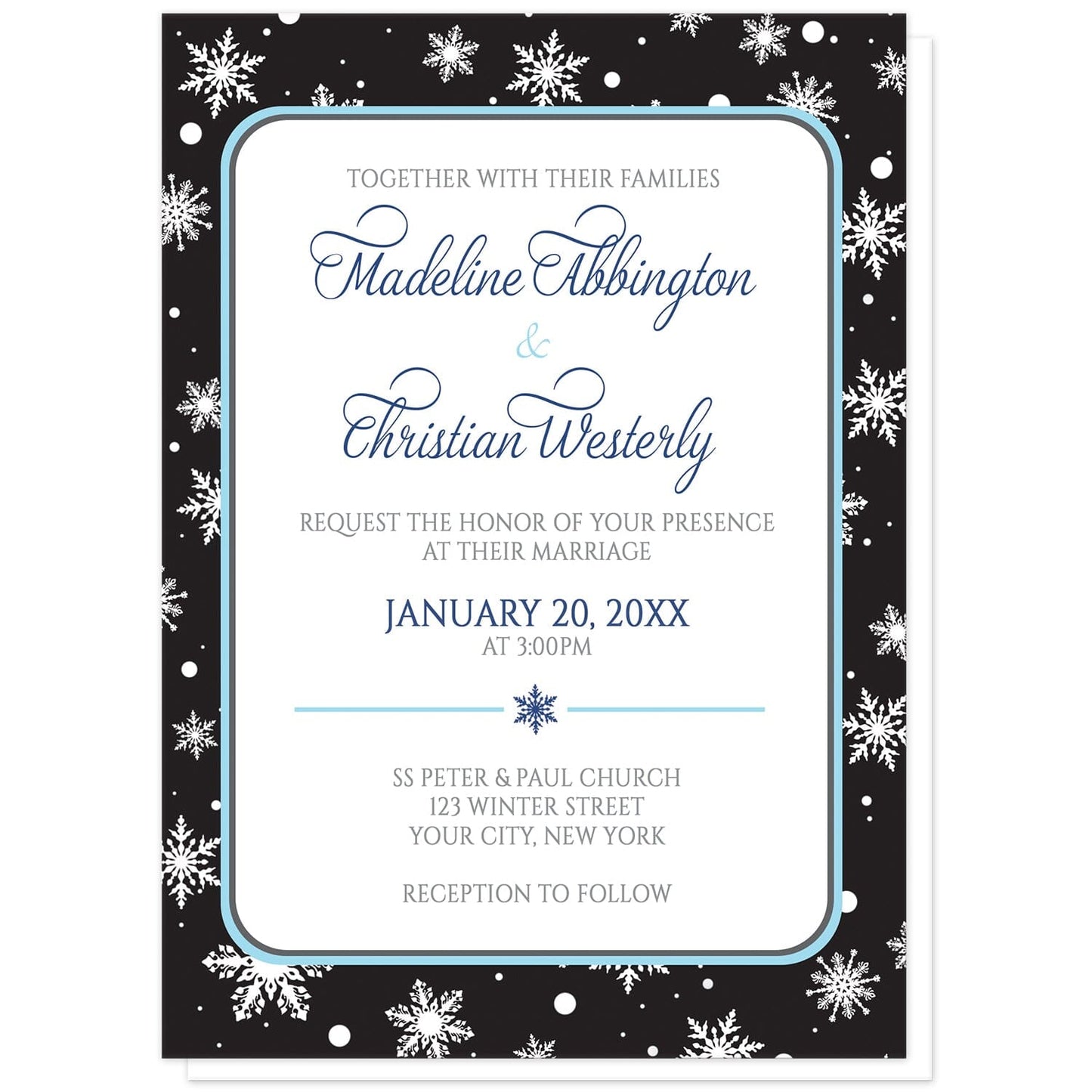 Midnight Snowflake Winter Wedding Invitations at Artistically Invited. Midnight snowflake winter wedding invitations with white snowflakes over a black background. Your personalized marriage details are arranged in navy blue, aqua blue, and medium gray over a white rectangular area outlined in aqua and navy blue.
