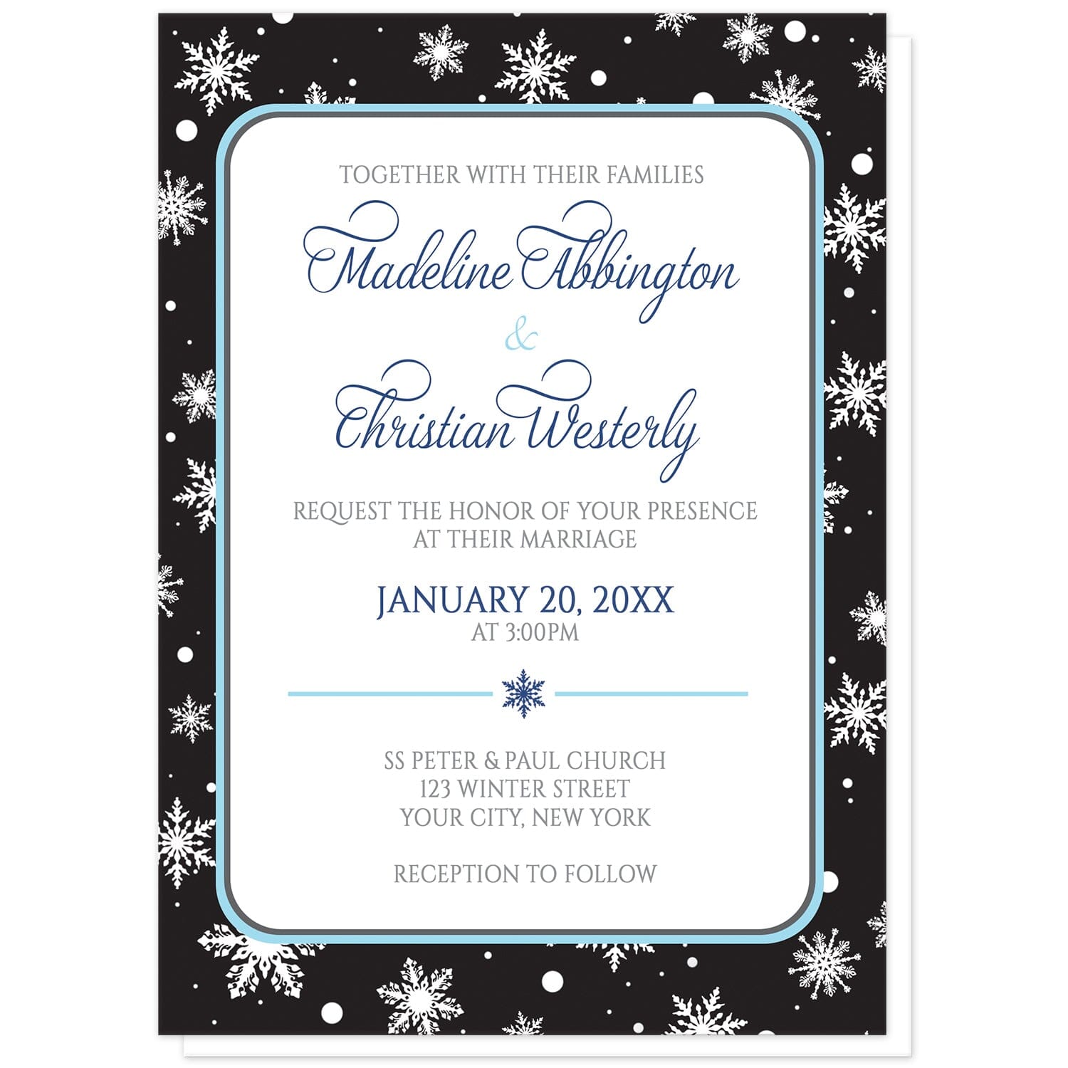 Midnight Snowflake Winter Wedding Invitations at Artistically Invited. Midnight snowflake winter wedding invitations with white snowflakes over a black background. Your personalized marriage details are arranged in navy blue, aqua blue, and medium gray over a white rectangular area outlined in aqua and navy blue.