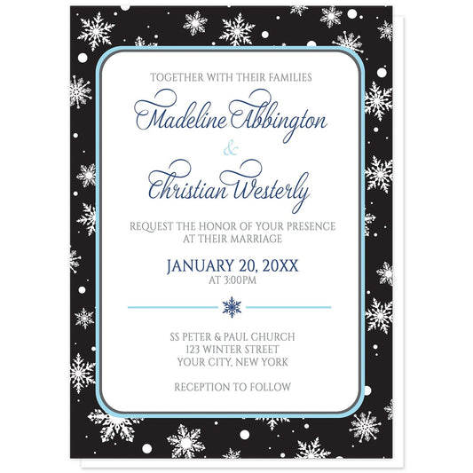 Midnight Snowflake Winter Wedding Invitations at Artistically Invited. Midnight snowflake winter wedding invitations with white snowflakes over a black background. Your personalized marriage details are arranged in navy blue, aqua blue, and medium gray over a white rectangular area outlined in aqua and navy blue.