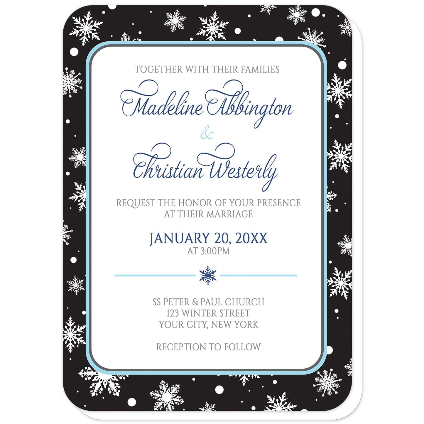 Midnight Snowflake Winter Wedding Invitations (with rounded corners) at Artistically Invited. Midnight snowflake winter wedding invitations with white snowflakes over a black background. Your personalized marriage details are custom printed in navy blue, aqua blue, and medium gray over a white rectangular area outlined in aqua and navy blue.