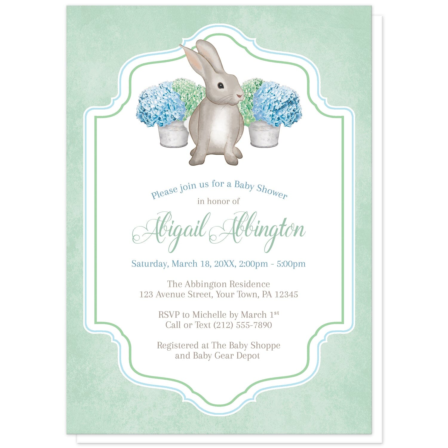 Mint Green Blue Hydrangea Rabbit Baby Shower Invitations at Artistically Invited. Mint green blue hydrangea rabbit baby shower invitations with a watercolor-inspired illustration of cute little brown bunny rabbit and blue and green hydrangea floral arrangements in tin buckets behind it. Your personalized baby shower celebration details will be arranged in blue, green, and brown in the white frame area, outlined with blue and green, over a rustic mint green-colored background.