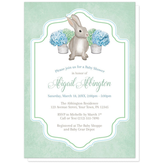 Mint Green Blue Hydrangea Rabbit Baby Shower Invitations at Artistically Invited. Mint green blue hydrangea rabbit baby shower invitations with a watercolor-inspired illustration of cute little brown bunny rabbit and blue and green hydrangea floral arrangements in tin buckets behind it. Your personalized baby shower celebration details will be arranged in blue, green, and brown in the white frame area, outlined with blue and green, over a rustic mint green-colored background.