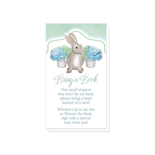 Mint Green Blue Hydrangea Rabbit Bring a Book Cards at Artistically Invited. Adorable mint green blue hydrangea rabbit bring a book cards with a watercolor-inspired illustration of cute little brown bunny rabbit with blue and green hydrangea floral arrangements in tin buckets behind it and a rustic mint green background at the top. Your book request details are printed in green and blue on white below the cute rabbit. 