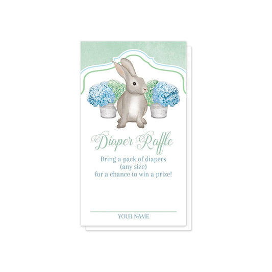 Mint Green Blue Hydrangea Rabbit Diaper Raffle Cards at Artistically Invited. Adorable mint green blue hydrangea rabbit diaper raffle cards with a watercolor-inspired illustration of cute little brown bunny rabbit with blue and green hydrangea floral arrangements in tin buckets behind it and a rustic mint green background at the top. Your diaper raffle details are printed in green and blue on white below the cute rabbit. 