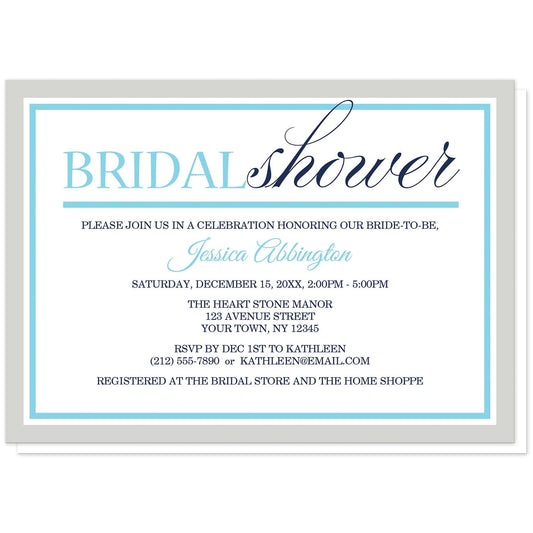 Modern Aqua Navy Gray Winter Bridal Shower Invitations at Artistically Invited. Modern aqua navy gray winter bridal shower invitations with a stylish minimalist aqua and navy blue typography design and an aqua blue and light gray border. Your personalized bridal shower celebration details are arranged in aqua and navy.