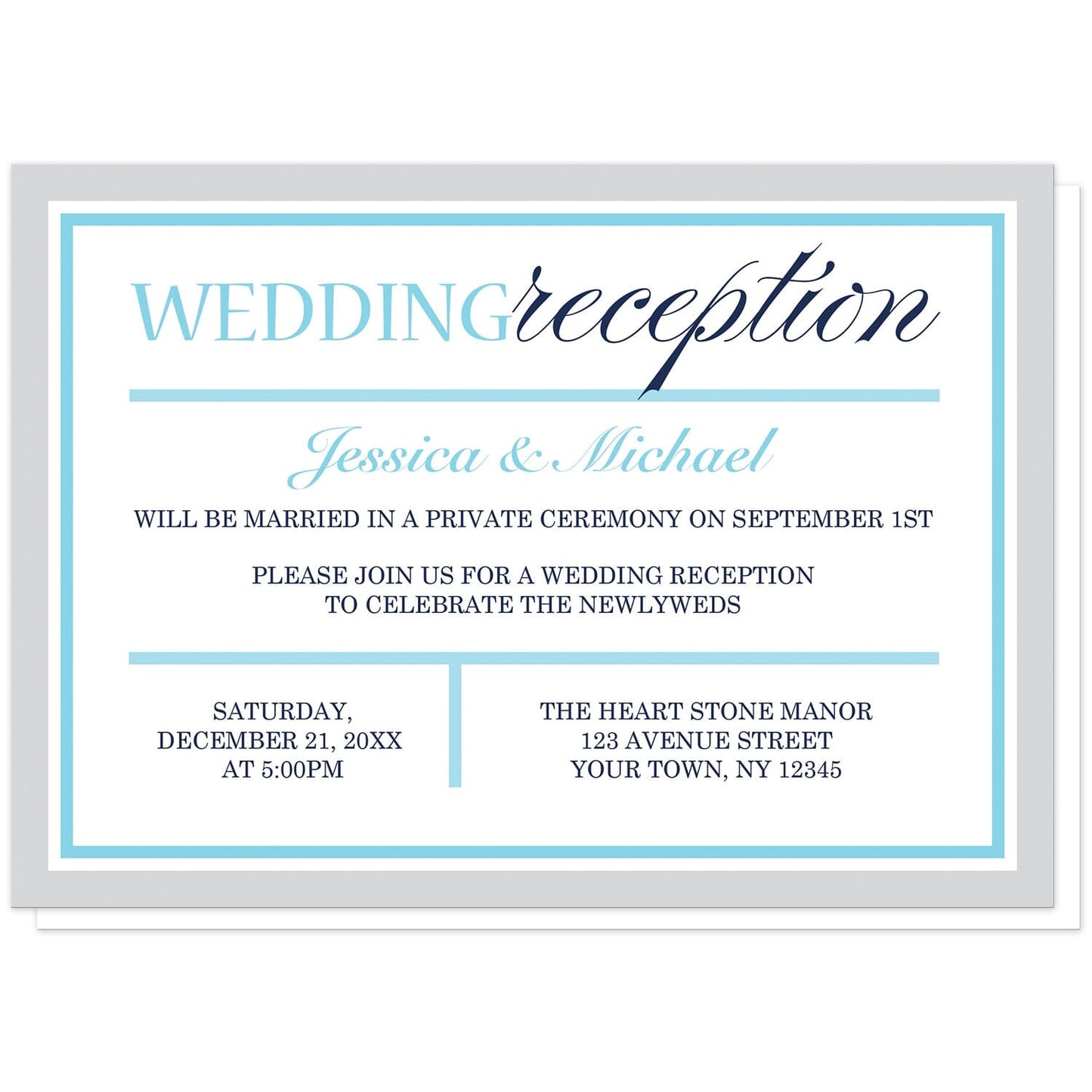 Modern Aqua Navy Gray Winter Reception Only Invitations at Artistically Invited. Modern aqua navy gray winter reception only invitations with a stylish minimalist aqua and navy blue typography design and an aqua blue and light gray border. Your personalized post-wedding reception celebration details are custom printed in aqua and navy.