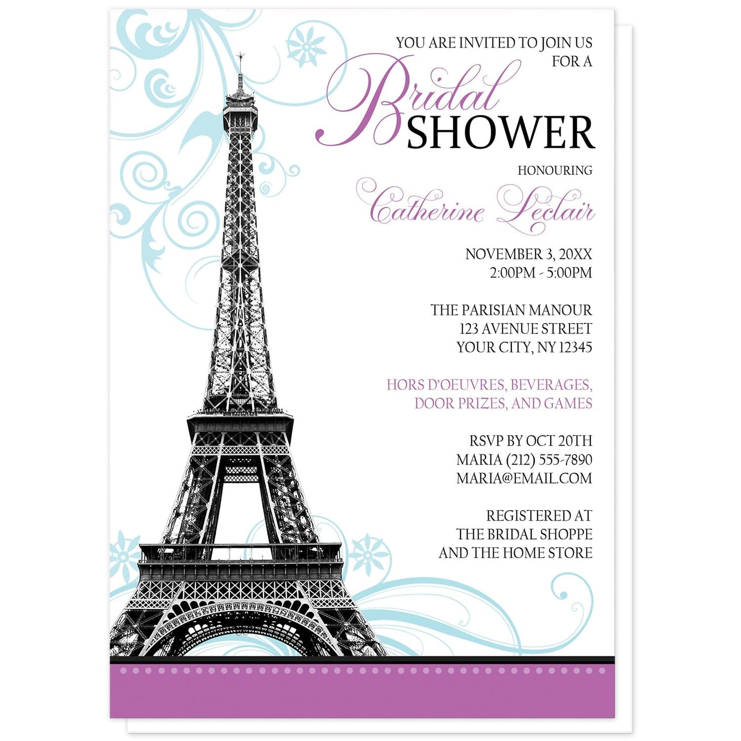 Modern Eiffel Tower Purple Parisian Bridal Shower Invitations at Artistically Invited. Modern Eiffel Tower purple Parisian bridal shower invitations with a monochromatic illustration of the Eiffel Tower with light blue flourishes behind it and a purple stripe along the bottom. Your personalized bridal shower celebration details are arranged in black and purple along the right side.