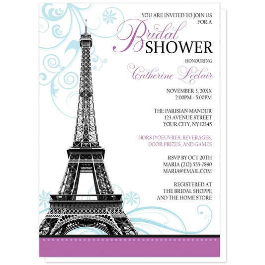 Modern Eiffel Tower Purple Parisian Bridal Shower Invitations at Artistically Invited. Modern Eiffel Tower purple Parisian bridal shower invitations with a monochromatic illustration of the Eiffel Tower with light blue flourishes behind it and a purple stripe along the bottom. Your personalized bridal shower celebration details are custom printed in black and purple along the right side. 