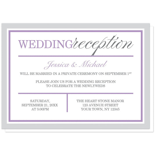 Modern Gray and Purple Reception Only Invitations at Artistically Invited. Modern gray and purple reception only invitations with a stylish minimalist purple and gray typography design and a purple and light gray border. Your personalized post-wedding reception celebration details are custom printed in purple and gray.