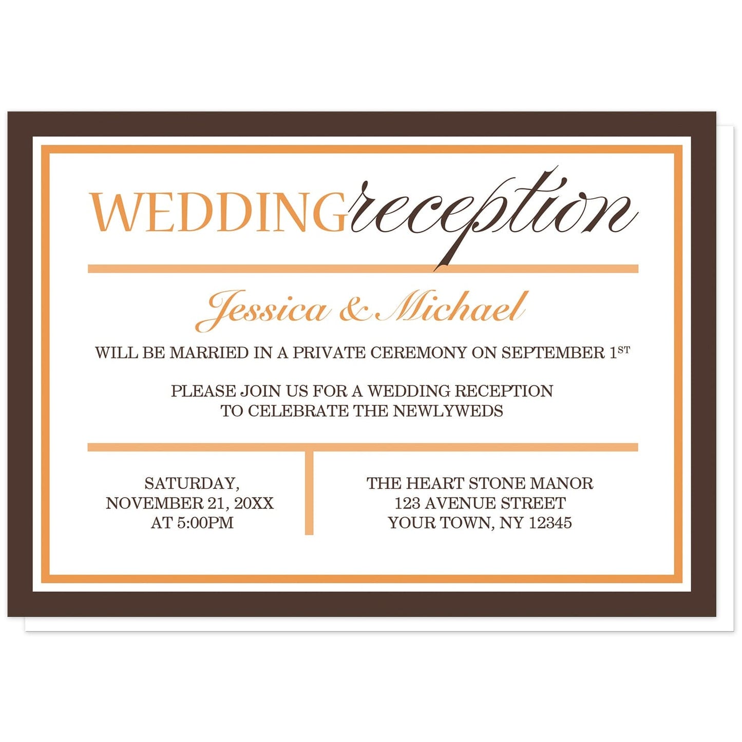 Modern Orange Brown Autumn Reception Only Invitations at Artistically Invited. Fall-inspired modern orange brown autumn reception only invitations with a stylish minimalist orange and brown typography design and a border in the same colors. Your personalized post-wedding reception celebration details are custom printed in orange and brown.