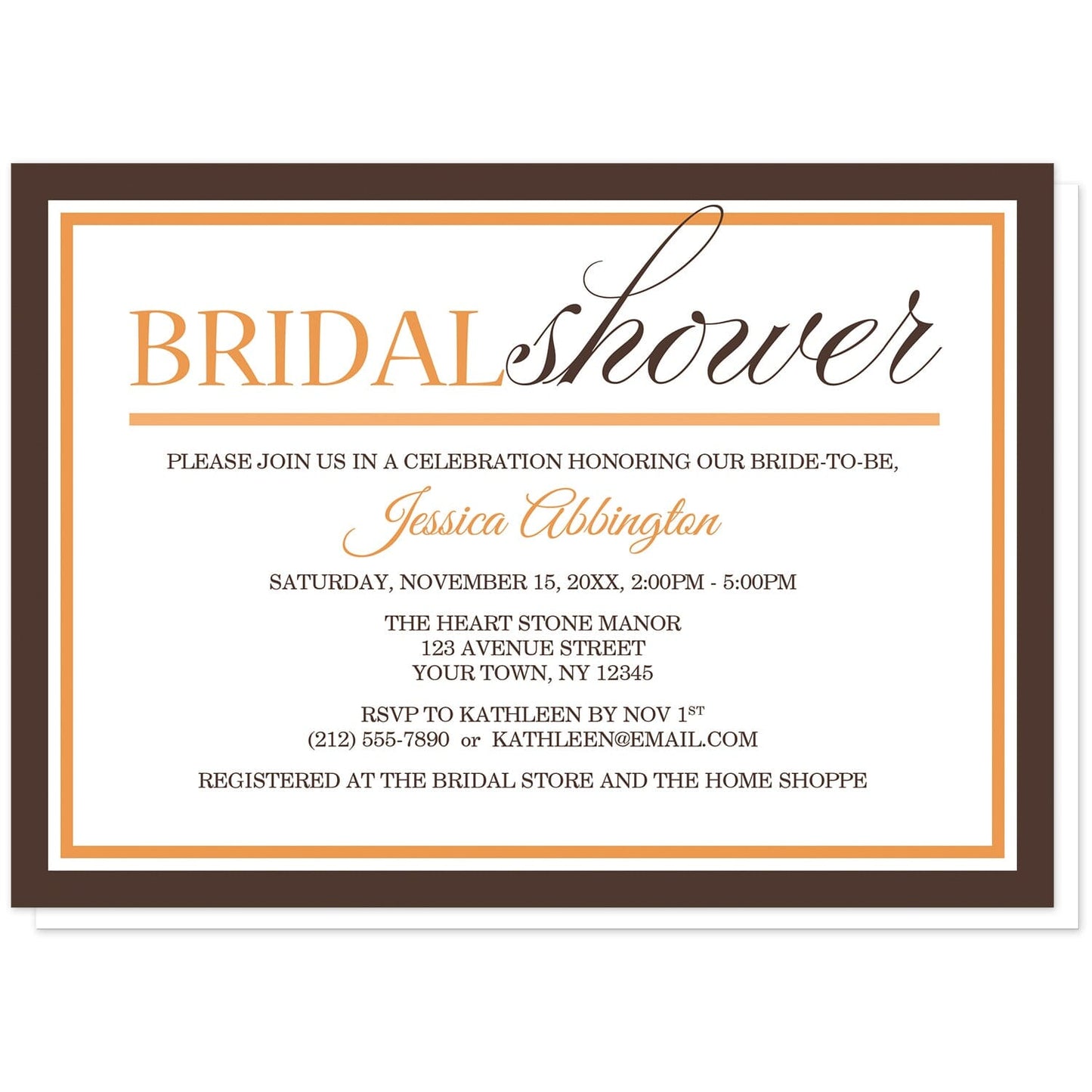Modern Orange and Brown Autumn Bridal Shower Invitations at Artistically Invited. Fall-inspired modern orange and brown autumn bridal shower invitations with a stylish minimalist orange and brown typography design and border in the same colors. Your personalized bridal shower celebration details are arranged in orange and brown.