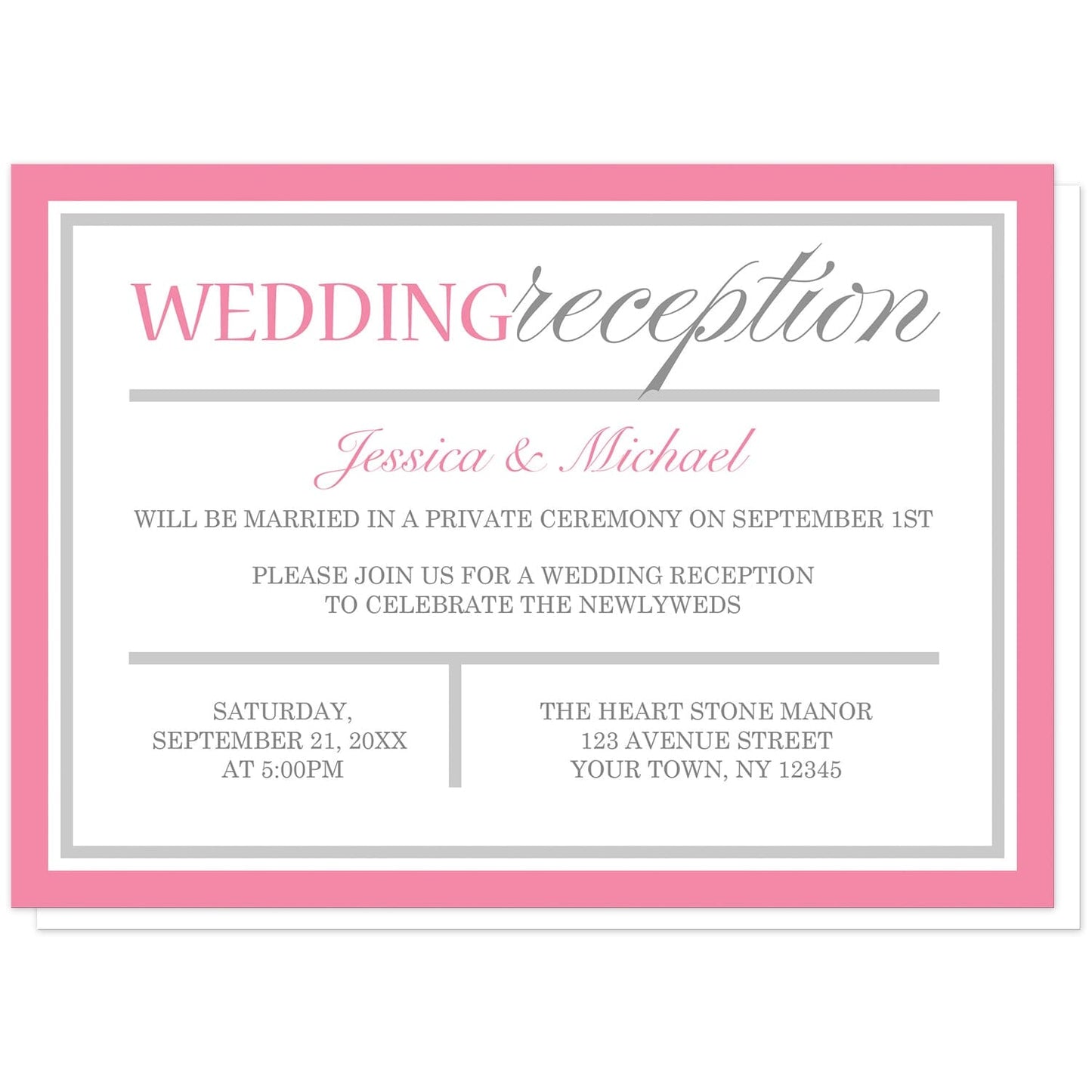 Modern Pink and Gray Reception Only Invitations at Artistically Invited. Modern pink and gray reception only invitations with a stylish minimalist pink and gray typography design and a border in the same colors. Your personalized post-wedding reception celebration details are custom printed in pink and gray.
