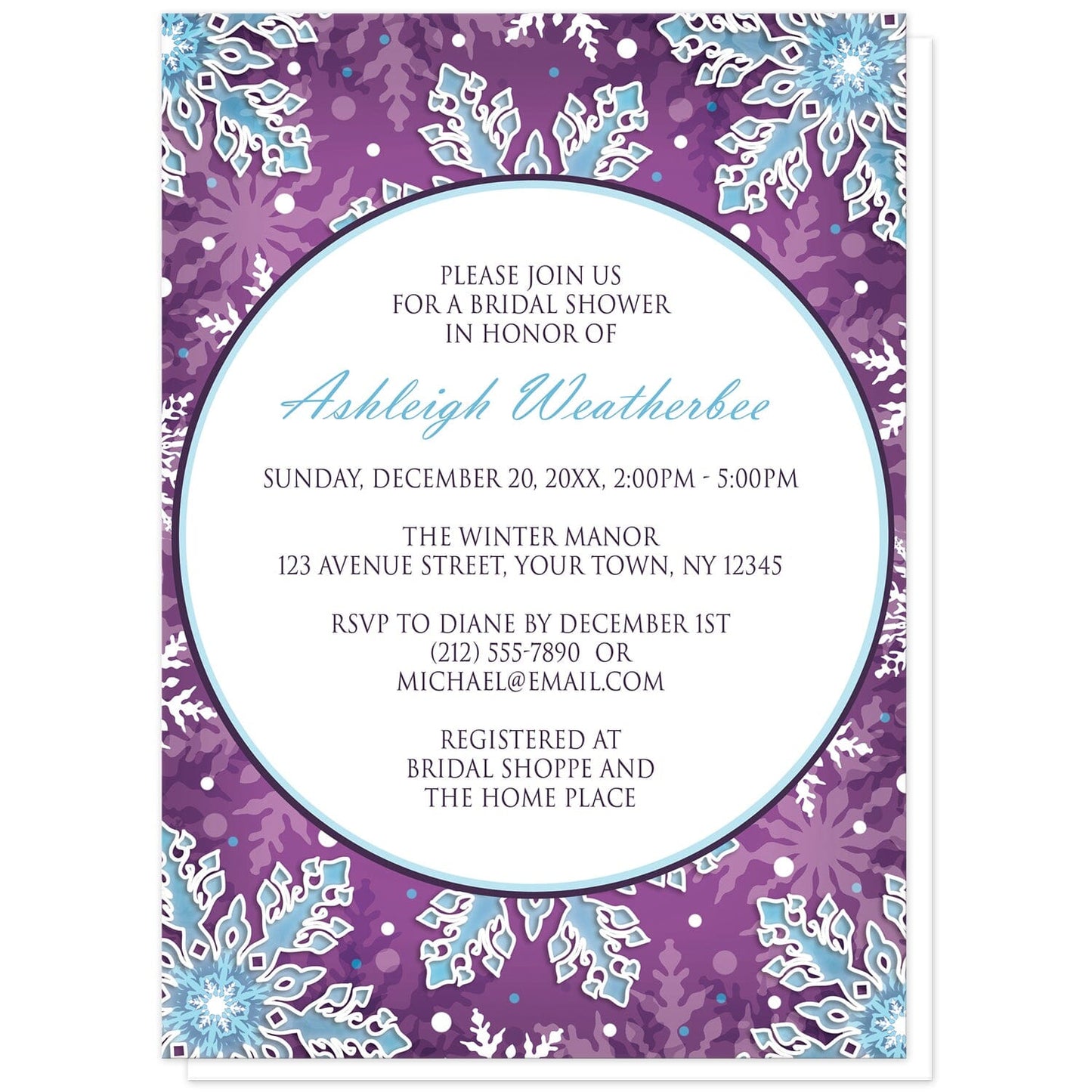 Modern Purple Blue Snowflake Bridal Shower Invitations at Artistically Invited. Modern purple blue snowflake bridal shower invitations with your personalized bridal shower celebration details arranged in blue and purple in a white circle over a royal purple background covered in ornate white and blue snowflakes.