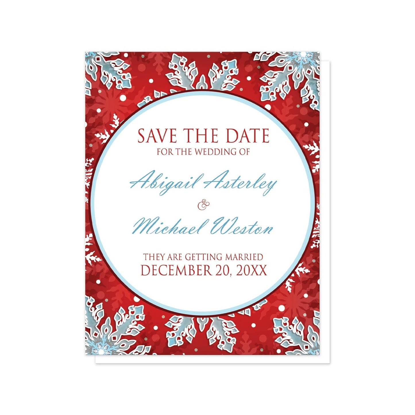 Modern Red White Blue Snowflake Save the Date Cards at Artistically Invited. Modern red white blue snowflake save the date cards with your personalized wedding date announcement details arranged in blue and red in a white circle over a royal red background covered in ornate white and blue snowflakes.