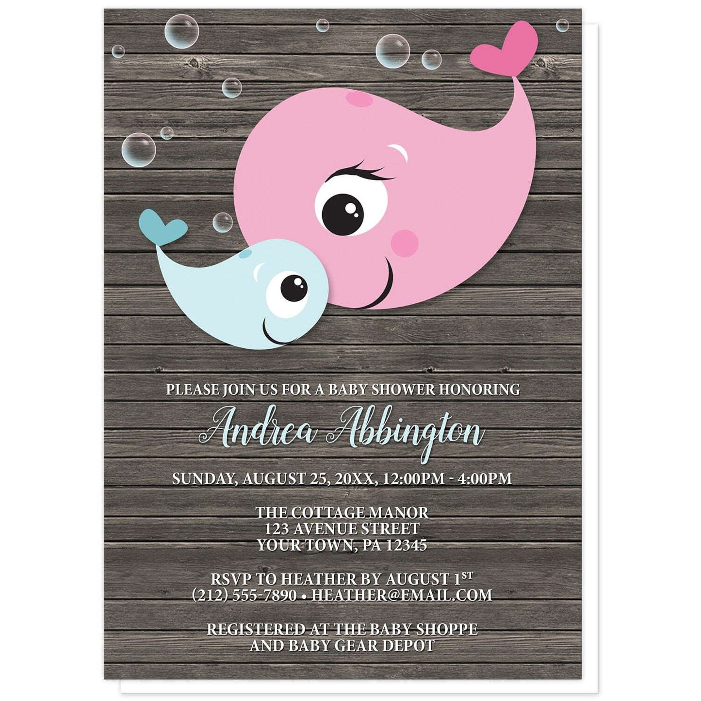 Mommy Baby Boy Whale Rustic Wood Baby Shower Invitations at Artistically Invited. Mommy baby boy whale rustic wood baby shower invitations with a cute illustration of a pink mommy whale and blue baby whale with translucent bubbles around them, over a dark brown wood background. Your personalized baby shower celebration details are arranged in white with the mom-to-be's name presented in a light blue script font over the wood background.