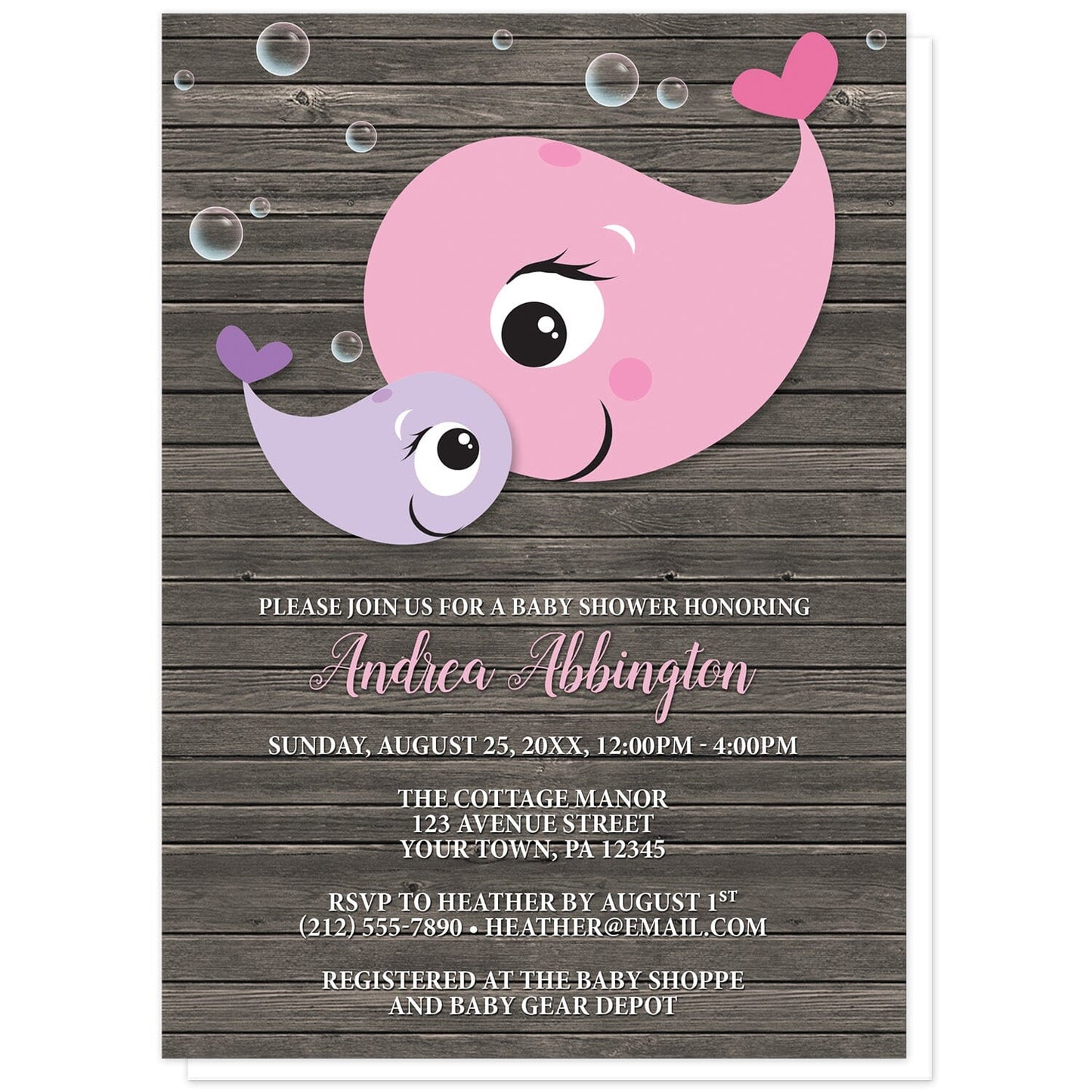 Mommy Baby Girl Whale Rustic Wood Baby Shower Invitations at Artistically Invited. Mommy baby girl whale rustic wood baby shower invitations with a cute illustration of a pink mommy whale and purple baby whale with translucent bubbles around them, over a dark brown wood background. Your personalized baby shower celebration details are arranged in white with the mom-to-be's name printed in a pink script font over the wood background.