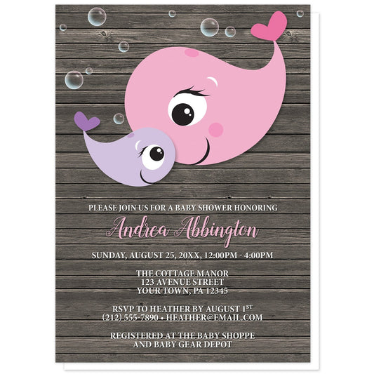 Mommy Baby Girl Whale Rustic Wood Baby Shower Invitations at Artistically Invited. Mommy baby girl whale rustic wood baby shower invitations with a cute illustration of a pink mommy whale and purple baby whale with translucent bubbles around them, over a dark brown wood background. Your personalized baby shower celebration details are arranged in white with the mom-to-be's name printed in a pink script font over the wood background.