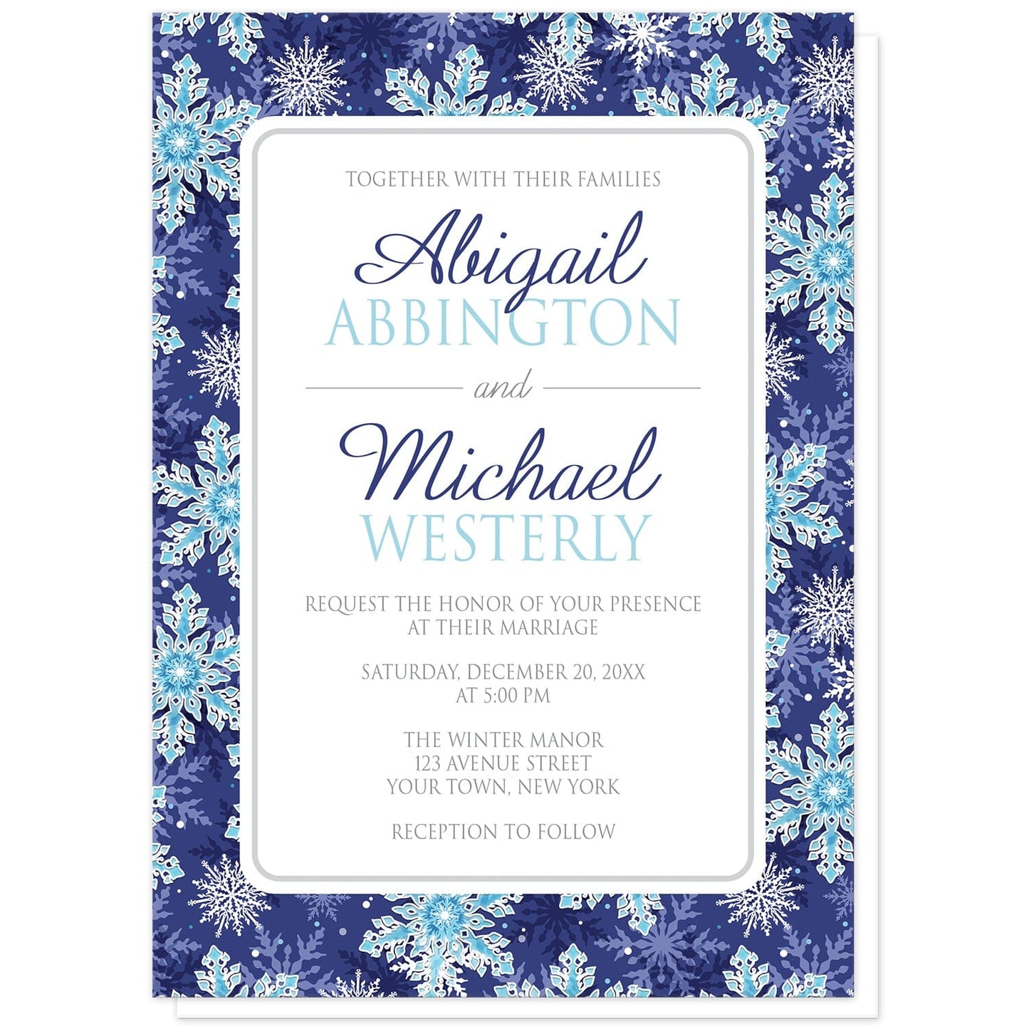 Navy Blue Aqua Snowflake Wedding Invitations at Artistically Invited. Pretty navy blue aqua snowflake wedding invitations with a pattern of white and aqua blue snowflakes over a navy blue background. Your personalized marriage celebration details are arranged in navy blue, aqua blue and gray in a white frame area in the center over the ornate navy blue snowflakes pattern.