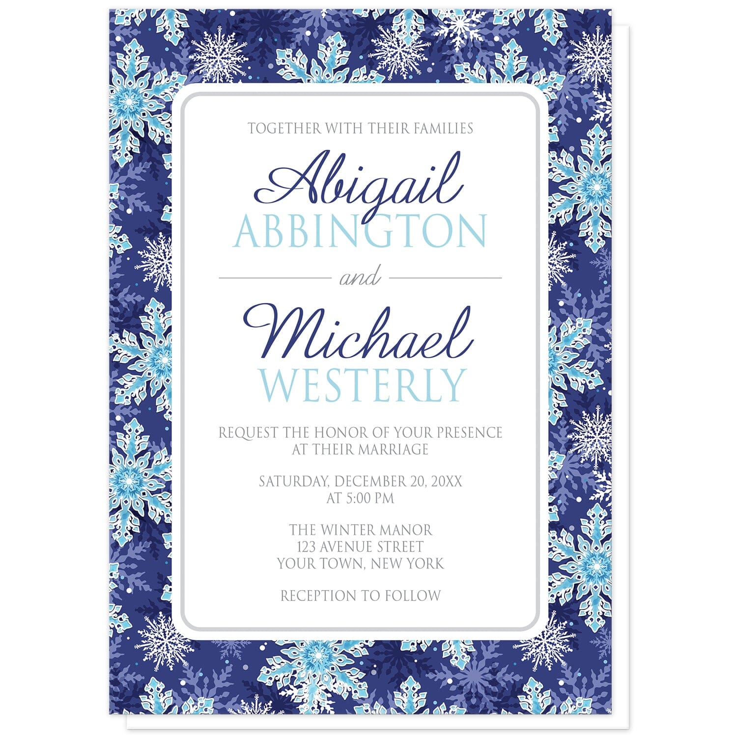 Navy Blue Aqua Snowflake Wedding Invitations at Artistically Invited. Pretty navy blue aqua snowflake wedding invitations with a pattern of white and aqua blue snowflakes over a navy blue background. Your personalized marriage celebration details are arranged in navy blue, aqua blue and gray in a white frame area in the center over the ornate navy blue snowflakes pattern.