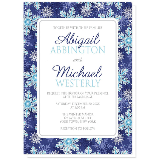 Navy Blue Aqua Snowflake Wedding Invitations at Artistically Invited. Pretty navy blue aqua snowflake wedding invitations with a pattern of white and aqua blue snowflakes over a navy blue background. Your personalized marriage celebration details are arranged in navy blue, aqua blue and gray in a white frame area in the center over the ornate navy blue snowflakes pattern.