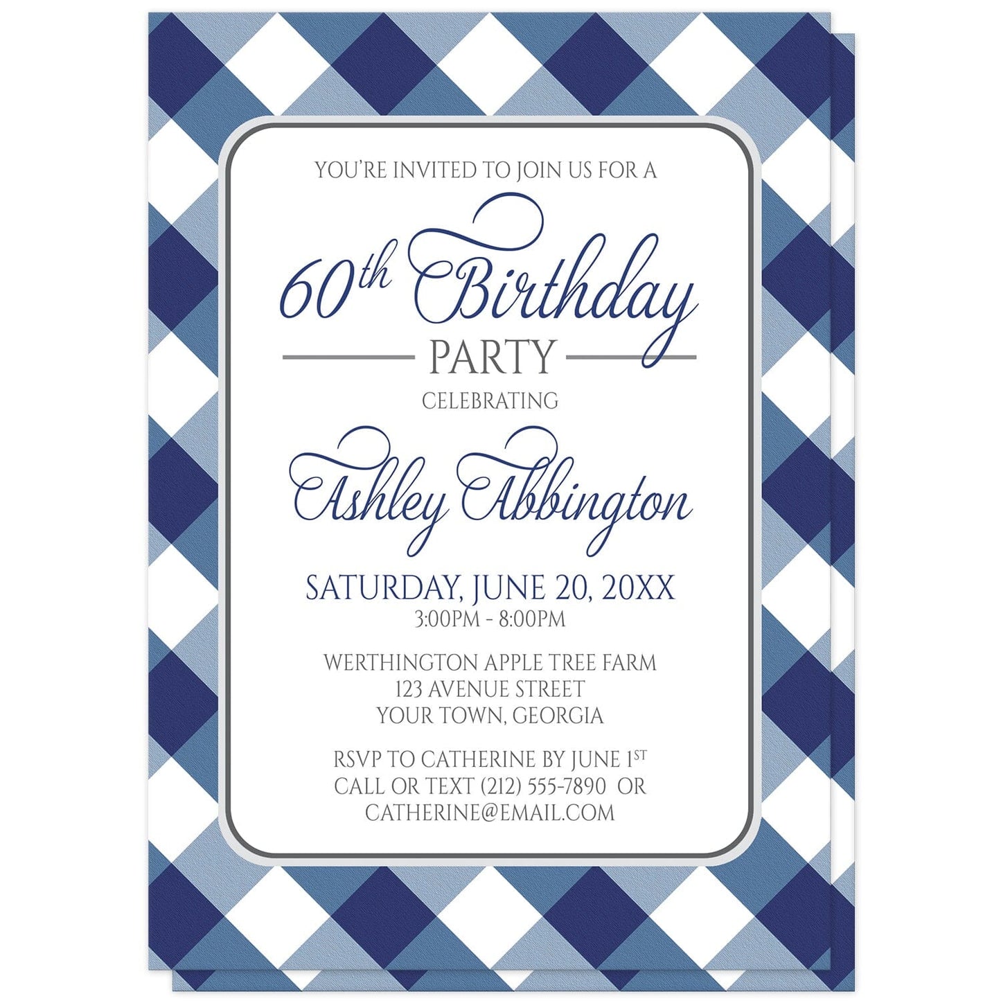 Navy Blue Gingham Birthday Party Invitations at Artistically Invited. Navy blue gingham birthday party invitations with your personalized party details arranged in blue and gray inside a white rectangular area outlined in gray. The background design is a diagonal blue and white gingham pattern.