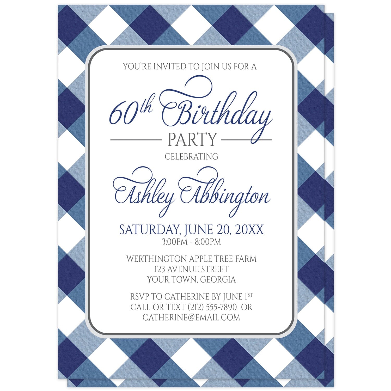 Navy Blue Gingham Birthday Party Invitations at Artistically Invited. Navy blue gingham birthday party invitations with your personalized party details arranged in blue and gray inside a white rectangular area outlined in gray. The background design is a diagonal blue and white gingham pattern.