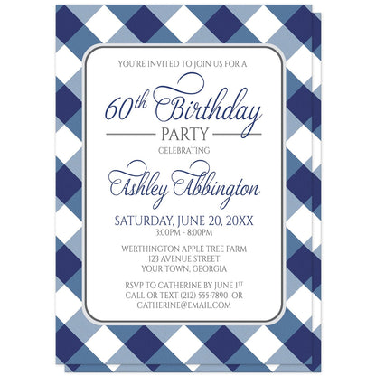 Navy Blue Gingham Birthday Party Invitations at Artistically Invited. Navy blue gingham birthday party invitations with your personalized party details custom printed in blue and gray inside a white rectangular area outlined in gray. The background design is a diagonal blue and white gingham pattern which is also printed on the back side. 
