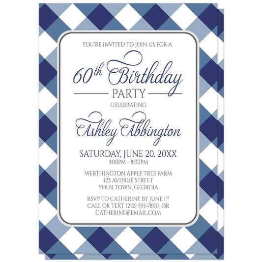 Navy Blue Gingham Birthday Party Invitations at Artistically Invited. Navy blue gingham birthday party invitations with your personalized party details arranged in blue and gray inside a white rectangular area outlined in gray. The background design is a diagonal blue and white gingham pattern.