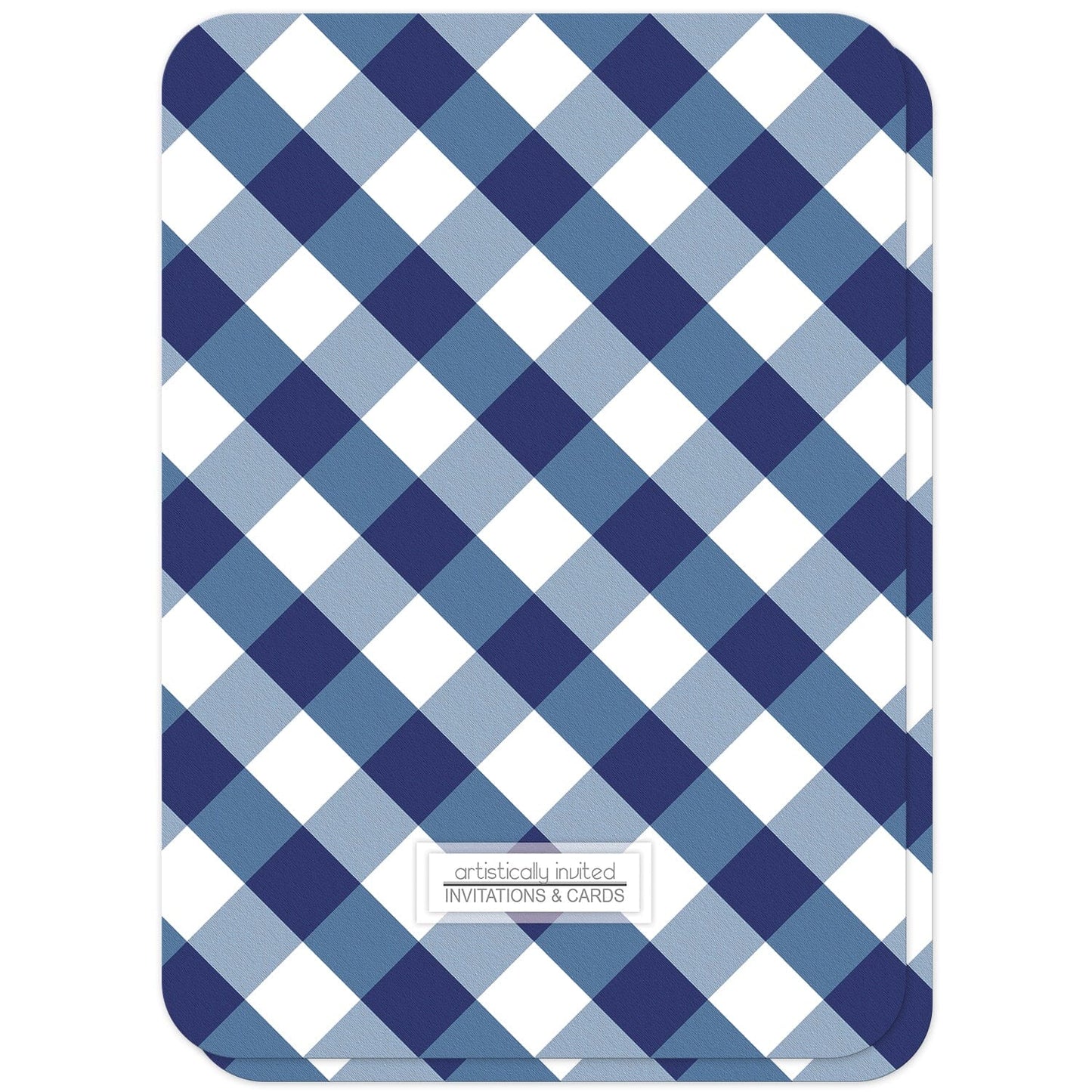 Navy Blue Gingham Birthday Party Invitations (back side with rounded corners) at Artistically Invited.
