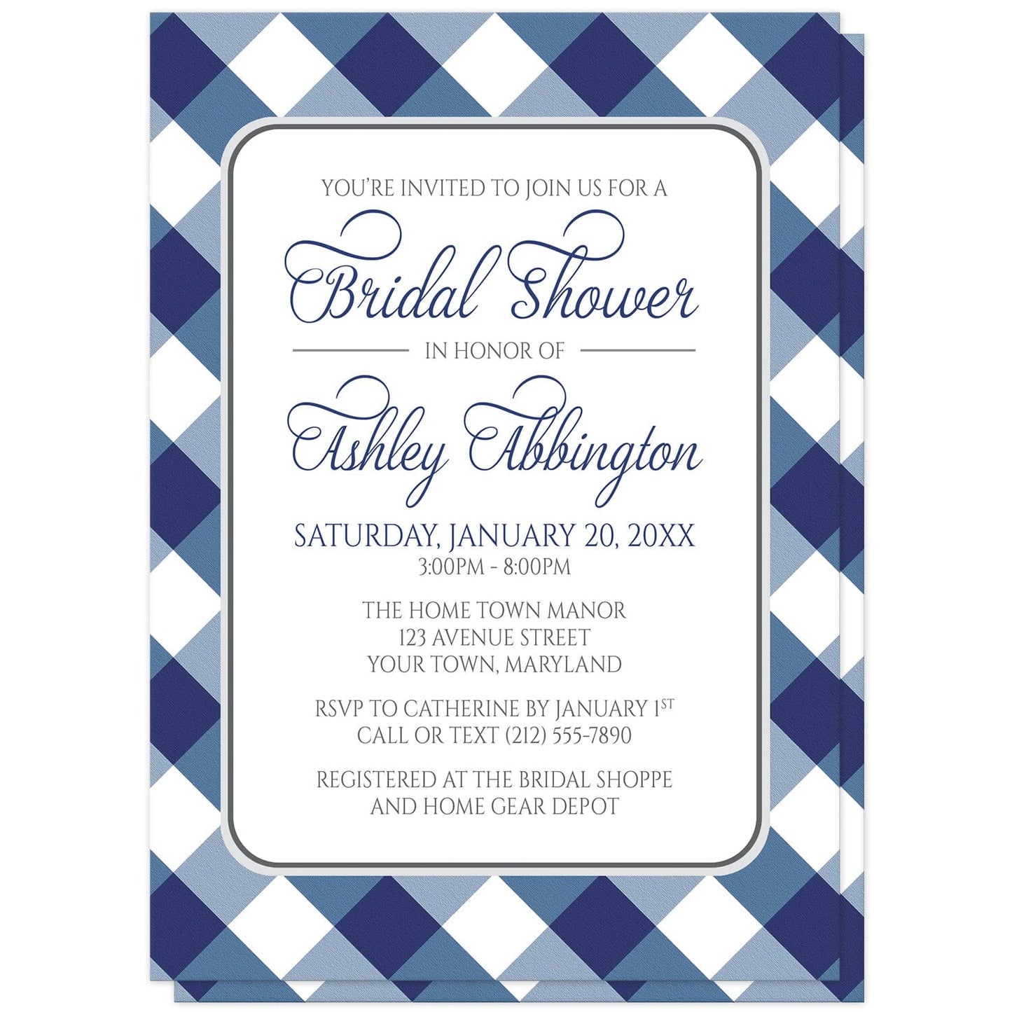 Navy Blue Gingham Bridal Shower Invitations at Artistically Invited. Navy blue gingham bridal shower invitations with your personalized bridal shower celebration details arranged in blue and gray inside a white rectangular area outlined in gray. The background design is a diagonal blue and white gingham pattern.
