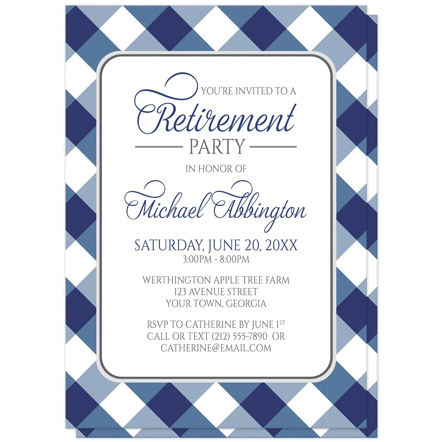 Navy Blue Gingham Retirement Invitations at Artistically Invited. Navy blue gingham retirement invitations with your personalized retirement party details arranged in blue and gray inside a white rectangular area outlined in gray. The background design is a diagonal blue and white gingham pattern which is also printed on the back side of the invitations.