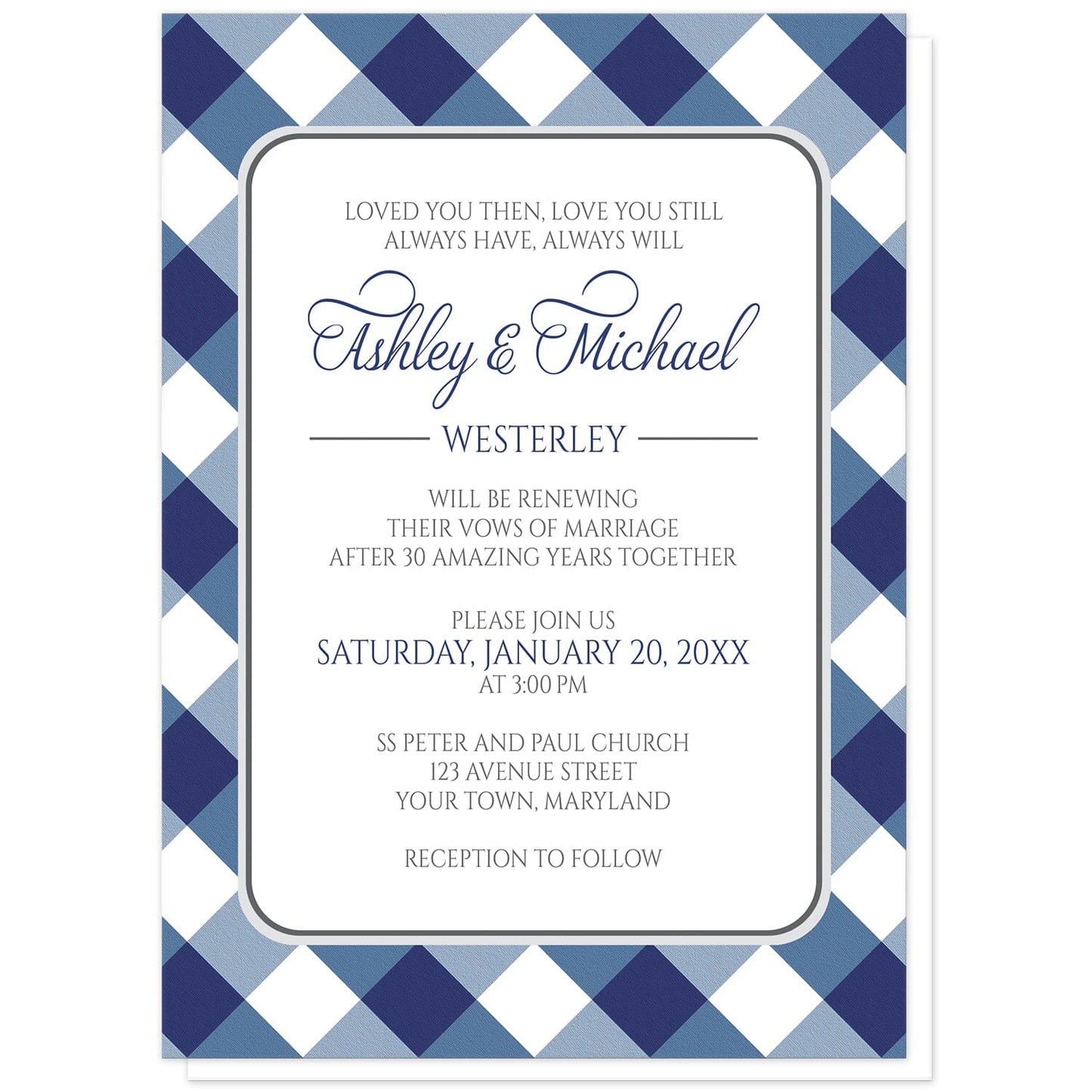 Navy Blue Gingham Vow Renewal Invitations at Artistically Invited. Navy blue gingham vow renewal invitations with your personalized vow renewal ceremony details arranged in blue and gray inside a white rectangular area outlined in gray. The background design is a diagonal navy blue and white gingham pattern.