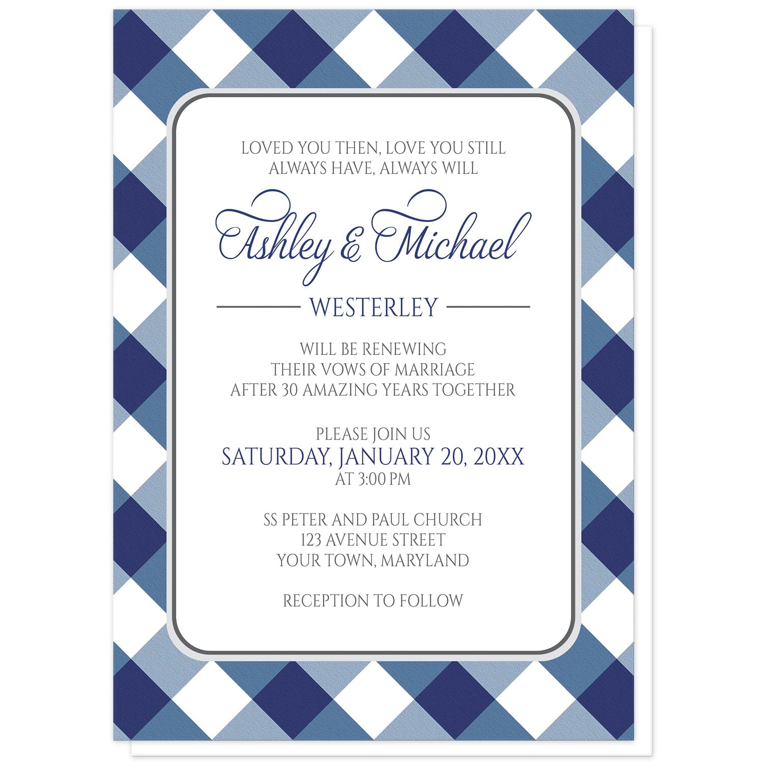 Navy Blue Gingham Vow Renewal Invitations at Artistically Invited. Navy blue gingham vow renewal invitations with your personalized vow renewal ceremony details custom printed in blue and gray inside a white rectangular area outlined in gray. The background design is a diagonal navy blue and white gingham pattern. 
