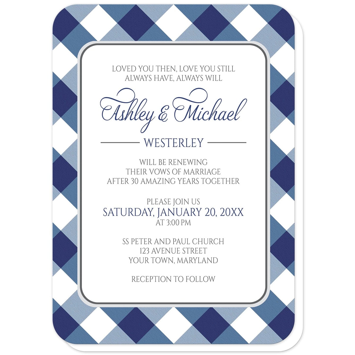 Navy Blue Gingham Vow Renewal Invitations (with rounded corners) at Artistically Invited. Navy blue gingham vow renewal invitations with your personalized vow renewal ceremony details custom printed in blue and gray inside a white rectangular area outlined in gray. The background design is a diagonal navy blue and white gingham pattern.