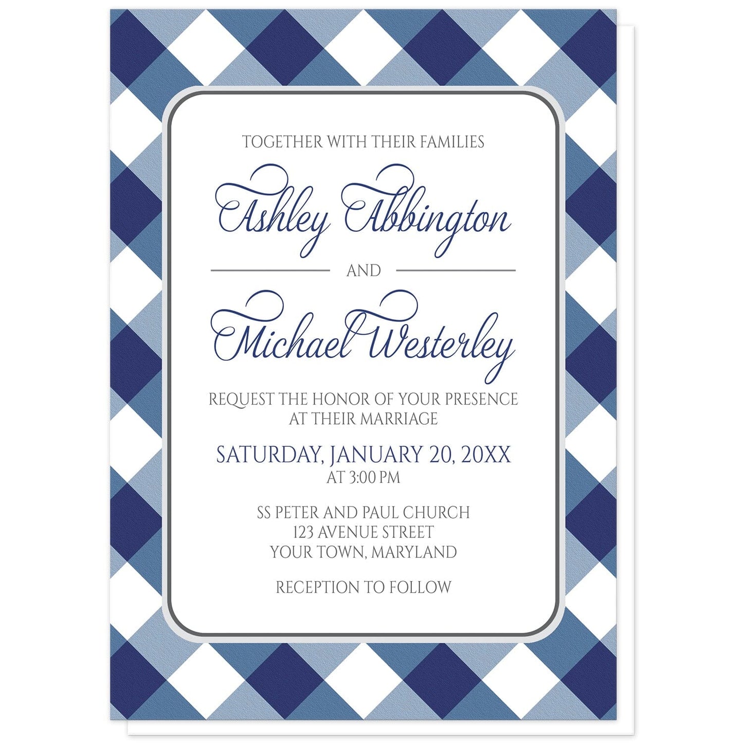 Navy Blue Gingham Wedding Invitations at Artistically Invited. Navy blue gingham wedding invitations with your personalized marriage celebration details arranged in blue and gray inside a white rectangular area outlined in gray. The background design is a diagonal navy blue and white gingham pattern.