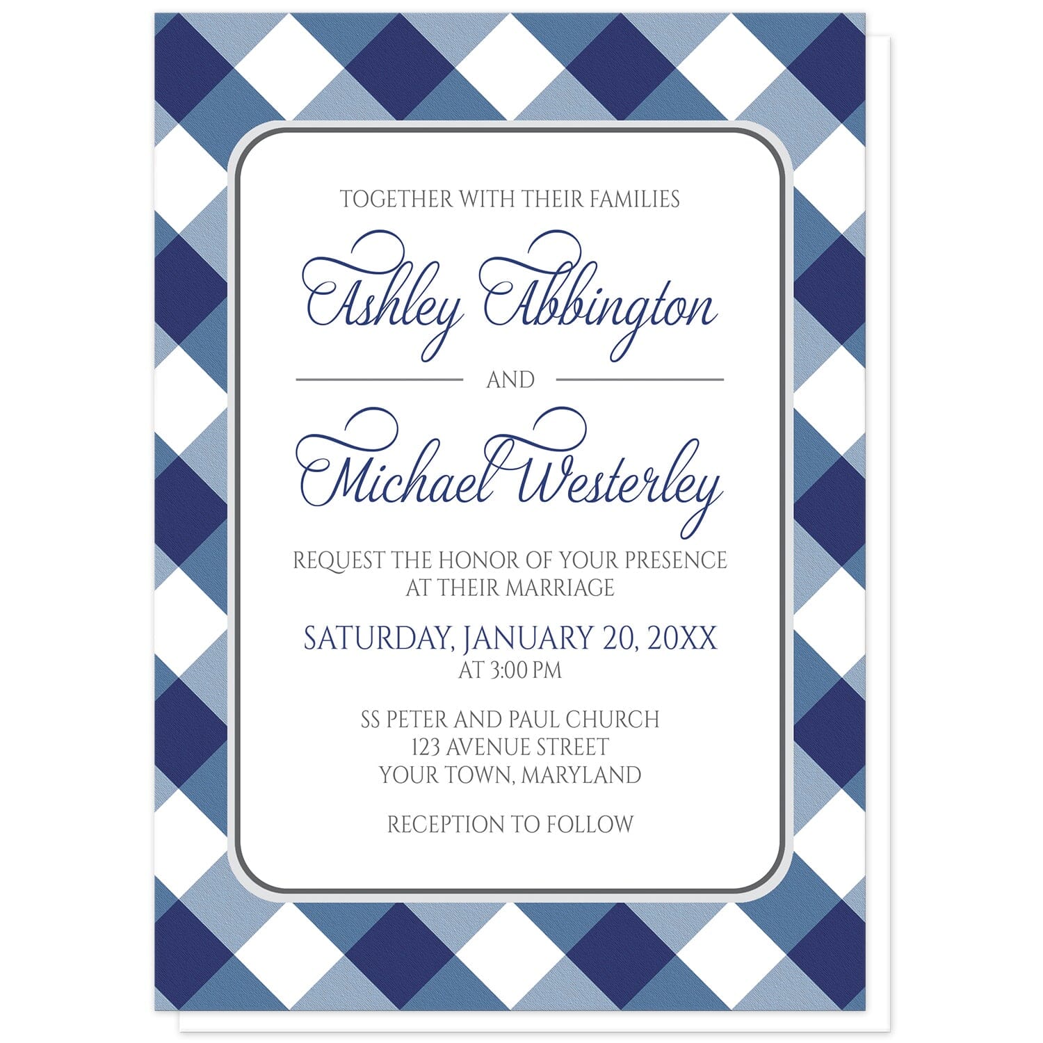 Navy Blue Gingham Wedding Invitations at Artistically Invited. Navy blue gingham wedding invitations with your personalized marriage celebration details arranged in blue and gray inside a white rectangular area outlined in gray. The background design is a diagonal navy blue and white gingham pattern.