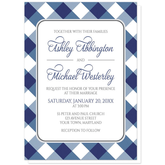 Navy Blue Gingham Wedding Invitations at Artistically Invited. Navy blue gingham wedding invitations with your personalized marriage celebration details arranged in blue and gray inside a white rectangular area outlined in gray. The background design is a diagonal navy blue and white gingham pattern.
