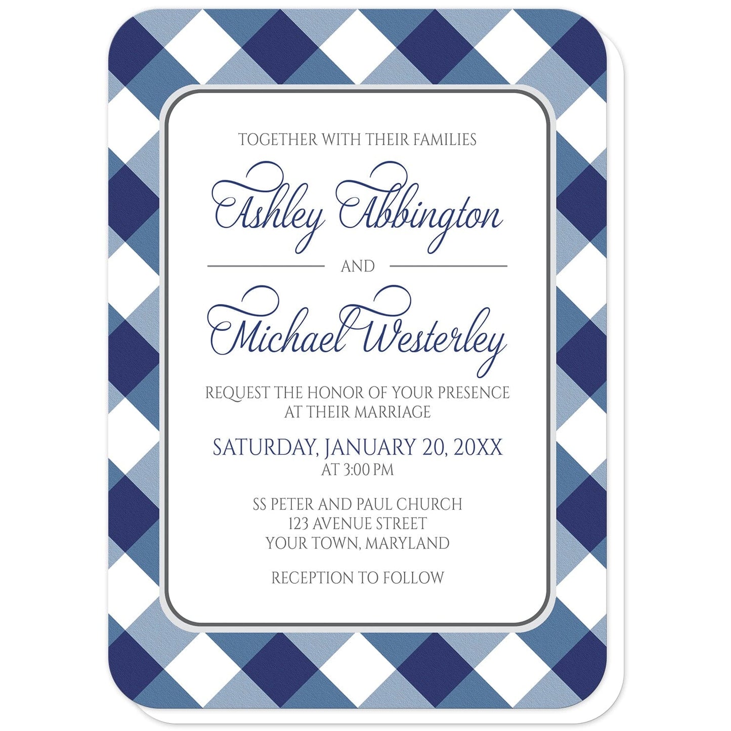Navy Blue Gingham Wedding Invitations (with rounded corners) at Artistically Invited. Navy blue gingham wedding invitations with your personalized marriage celebration details custom printed in blue and gray inside a white rectangular area outlined in gray. The background design is a diagonal navy blue and white gingham pattern.