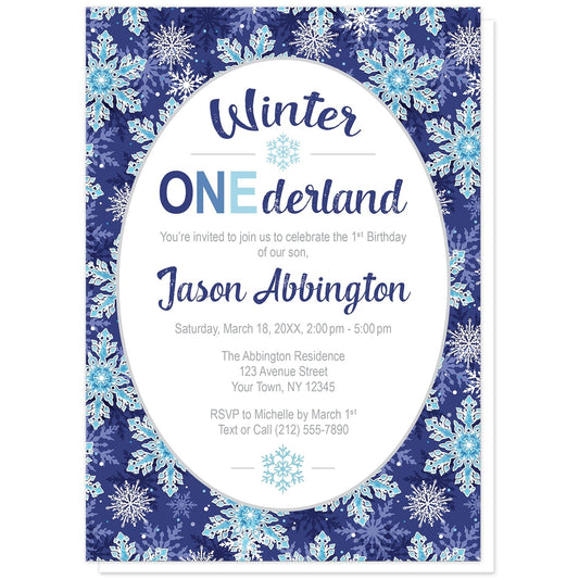 Navy Blue Snowflake 1st Birthday Winter Onederland Invitations at Artistically Invited. Beautifully ornate navy blue snowflake 1st birthday Winter Onederland invitations designed with your personalized 1st birthday party details arranged in blue and gray in a white oval over a pretty aqua blue and white snowflakes pattern on a navy blue background.