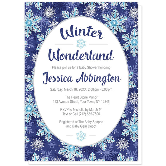 Navy Blue Snowflake Winter Wonderland Baby Shower Invitations at Artistically Invited. Beautifully ornate navy blue snowflake Winter Wonderland baby shower invitations designed with your personalized baby shower celebration details arranged in blue and gray in a white oval frame design over a pretty navy blue, aqua blue, and white snowflake pattern background.