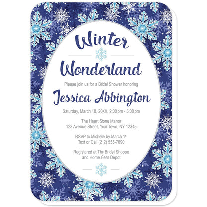 Navy Blue Snowflake Winter Wonderland Bridal Shower Invitations (with rounded corners) at Artistically Invited. Beautifully ornate navy blue snowflake Winter Wonderland bridal shower invitations with your personalized bridal shower celebration details custom printed in navy blue and gray in a white oval frame design over a navy blue, aqua, and white snowflake pattern background.