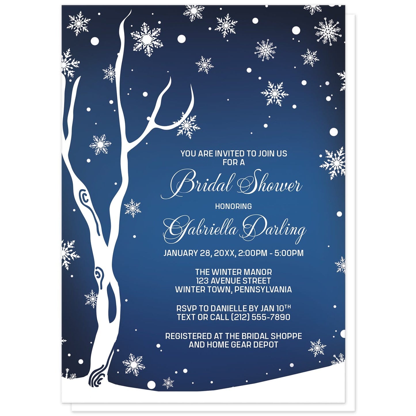 Navy Night Sky Snowflake Winter Bridal Shower Invitations at Artistically Invited. Gorgeous navy night sky snowflake winter bridal shower invitations with your bridal shower celebration details arranged in white over a beautiful navy blue night sky background illustrated with a white winter tree, surrounded by white snowflakes.