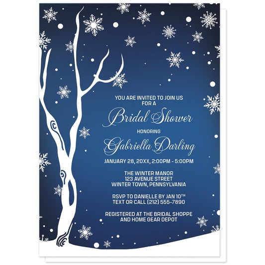 Navy Night Sky Snowflake Winter Bridal Shower Invitations at Artistically Invited. Gorgeous navy night sky snowflake winter bridal shower invitations with your bridal shower celebration details arranged in white over a beautiful navy blue night sky background illustrated with a white winter tree, surrounded by white snowflakes.