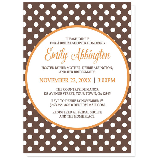 Orange Brown Polka Dot Bridal Shower Invitations at Artistically Invited. Autumn-inspired orange brown polka dot bridal shower invitations with your bridal shower celebration details custom printed in orange and brown inside a white circle outlined in orange, over a brown polka dot pattern. The bride-to-be's name and shower date are printed in orange while the remaining details are printed in brown.