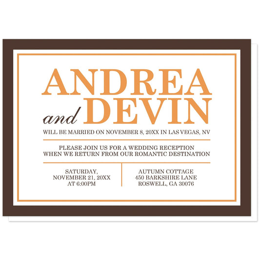 Orange and Brown Autumn Reception Only Invitations at Artistically Invited. Fall-inspired orange and brown autumn reception only invitations with a simple modern minimalist orange and brown typography design and border.