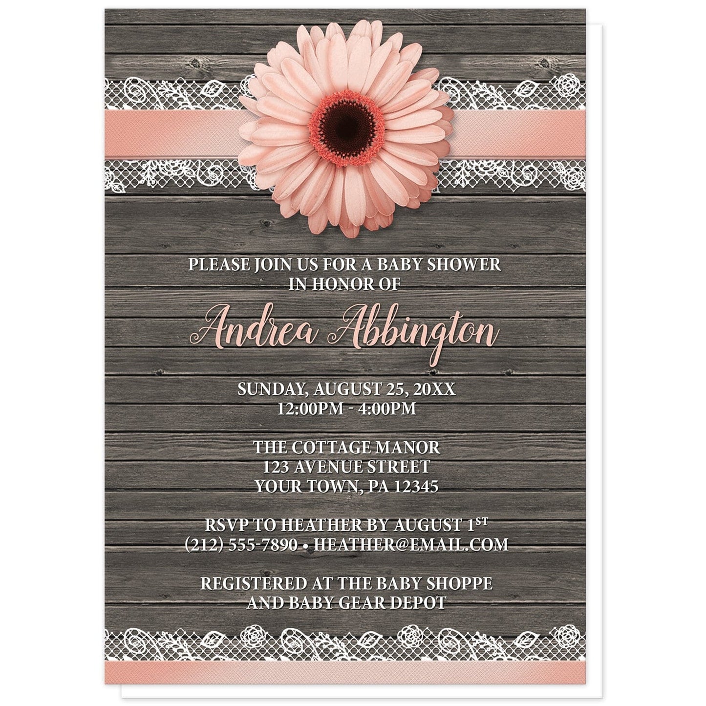 Peach Daisy Lace Rustic Wood Baby Shower Invitations at Artistically Invited. Peach daisy lace rustic wood baby shower invitations with a peach daisy flower centered at the top on a peach and white lace ribbon illustration, over a country brown wood background. Your personalized bridal shower celebration details are arranged in peach and white over the rustic wood design.