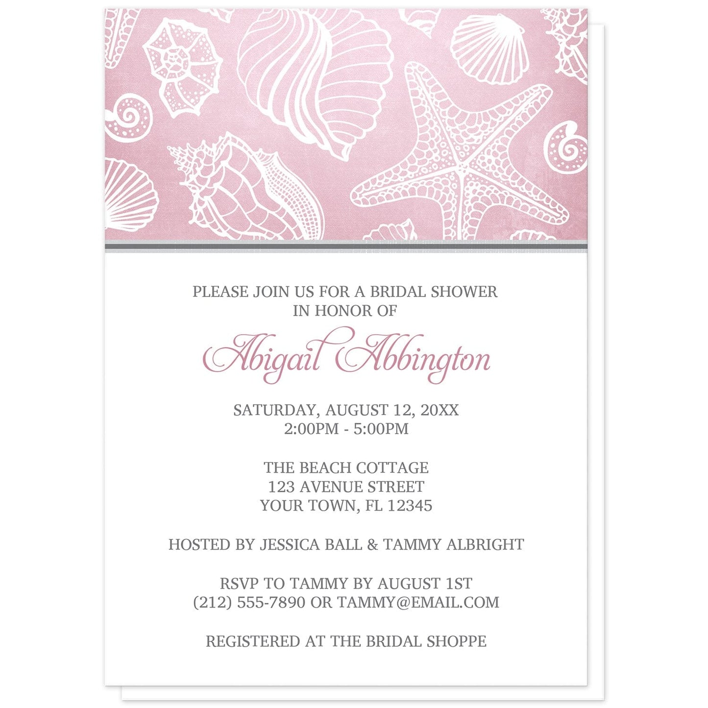 Pink Beach Seashell Pattern Bridal Shower Invitations at Artistically Invited. Pink beach seashell pattern bridal shower invitations with a white line seashell pattern over an organic-like beachy pink background. Your personalized bridal shower celebration details are arranged in pink and gray on white below the pink seashell pattern.