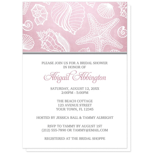 Pink Beach Seashell Pattern Bridal Shower Invitations at Artistically Invited. Pink beach seashell pattern bridal shower invitations with a white line seashell pattern over an organic-like beachy pink background. Your personalized bridal shower celebration details are arranged in pink and gray on white below the pink seashell pattern.